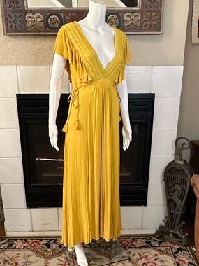 Baltic Born Mustard Yellow V-Neck Maxi Dress with Tassel Tie
